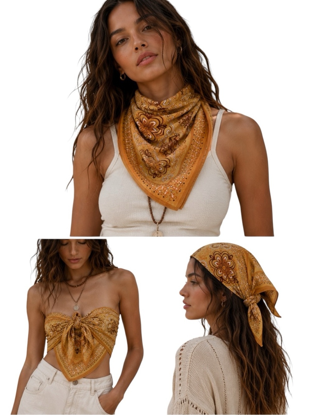 Free People Mod Mosaic Print Bandana Scarf Yellow Orange Boho 28x28 NWOT